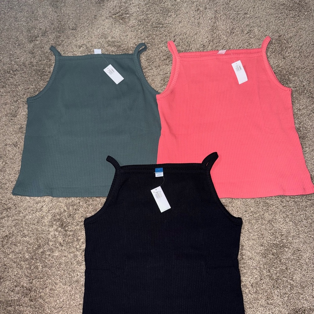 Old Navy Women's Ribbed Tank Tops - Black, Pink, and Green